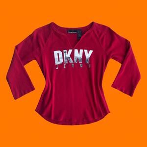 90's 00's vintage red NYC skyline 100% cotton y2k 3/4 sleeve blouse S dkny jeans